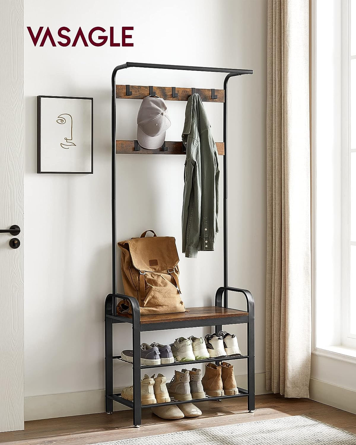 Cuier pentru haine, cu banc depozitare pantofi, 9 carlige detasabile, sina pentru haine, 34x77x183cm, industrial — imaginea 13