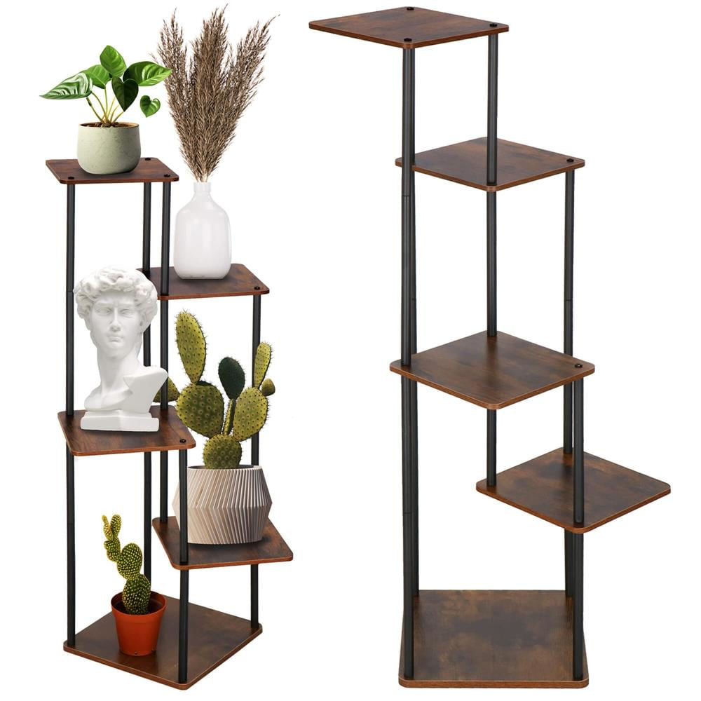 Suport pentru flori, 106x58 cm, negru/maro deschis – 5 rafturi, structura metalica, design modern — imaginea 9