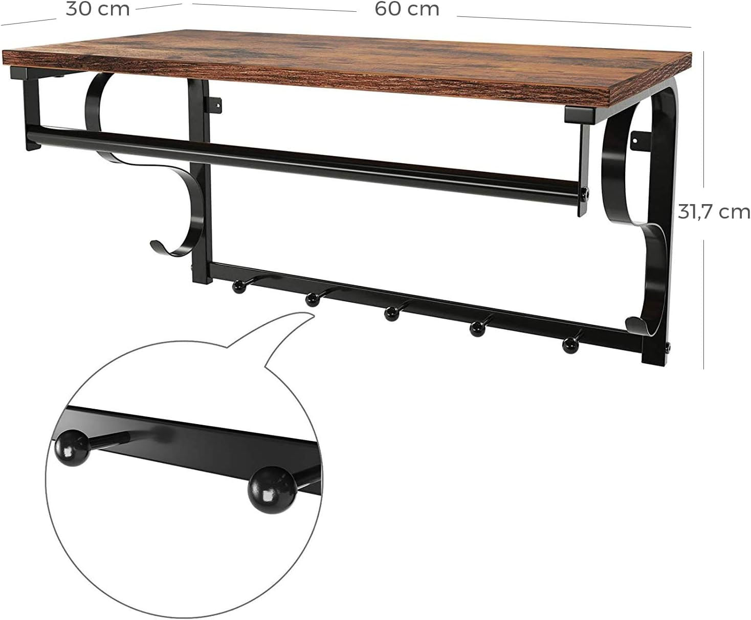 Cuier de perete cu raft de depozitare si sina, 5 carlige, 30x60x32 cm, maro rustic — imaginea 2