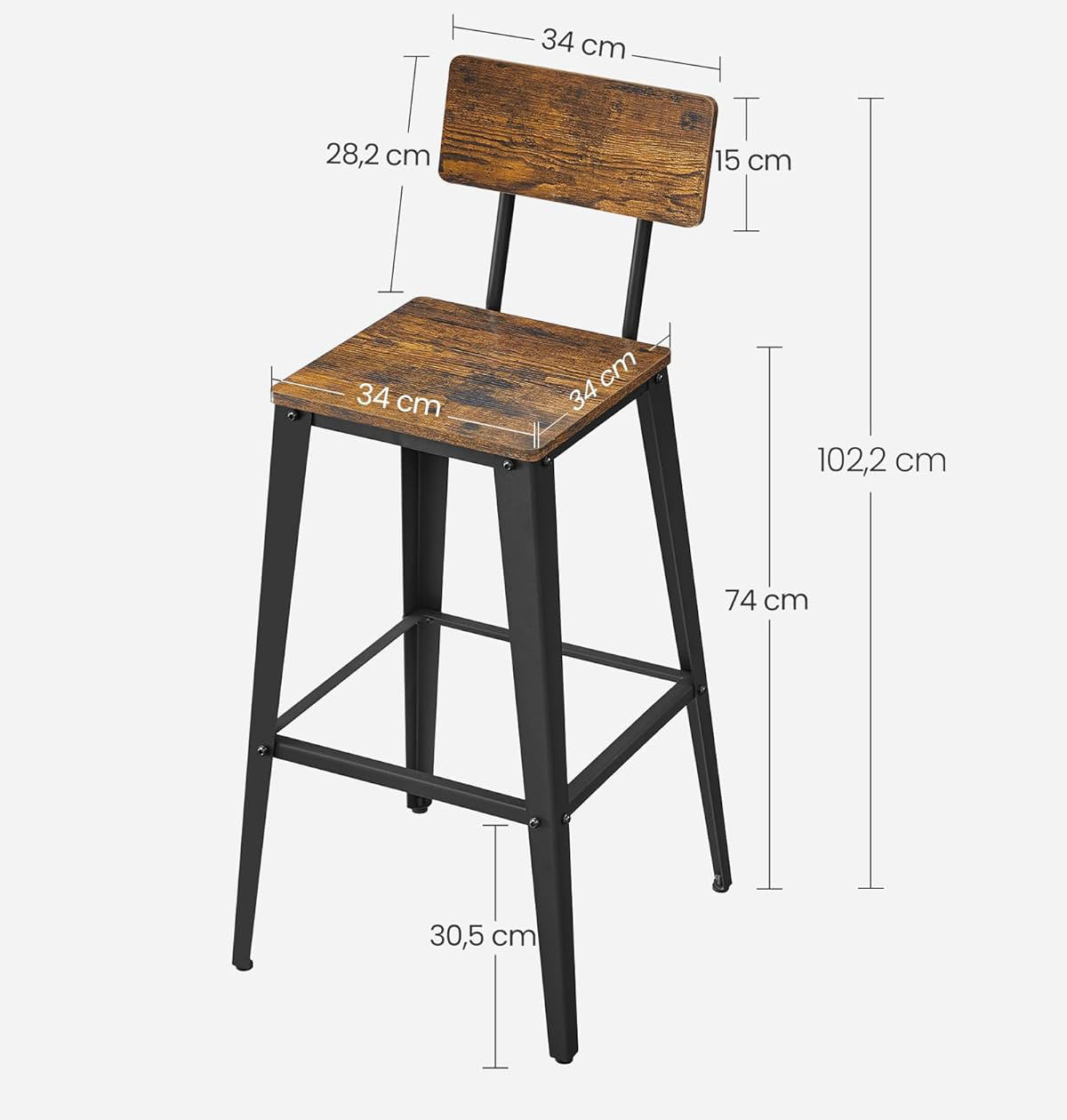 Set 2 scaune de bar, inalte cu spatar, industrial, 45x45x102cm, maro rustic si negru