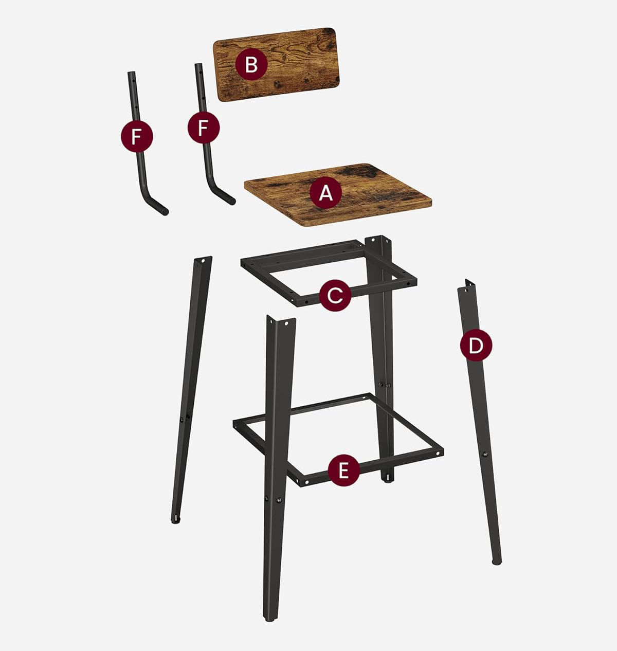 Set 2 scaune de bar, inalte cu spatar, industrial, 45x45x102cm, maro rustic si negru — imaginea 2