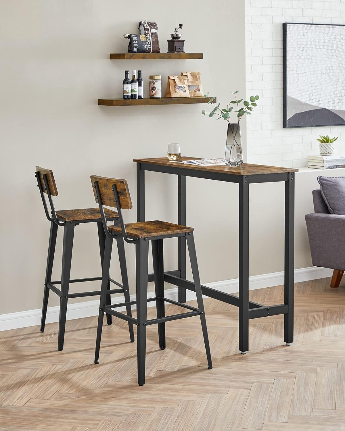 Set 2 scaune de bar, inalte cu spatar, industrial, 45x45x102cm, maro rustic si negru — imaginea 3