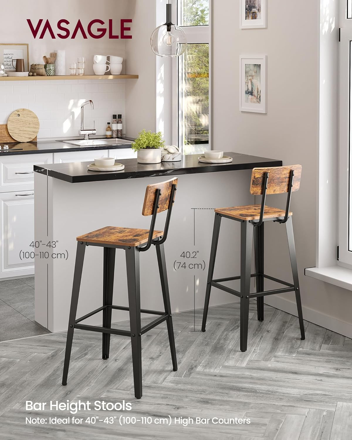 Set 2 scaune de bar, inalte cu spatar, industrial, 45x45x102cm, maro rustic si negru — imaginea 5