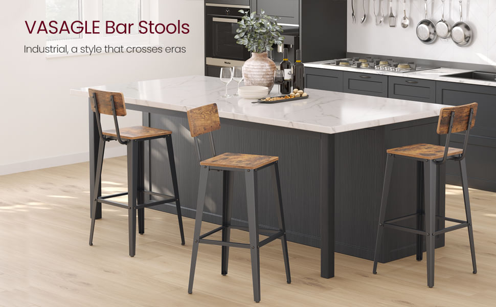 Set 2 scaune de bar, inalte cu spatar, industrial, 45x45x102cm, maro rustic si negru — imaginea 6