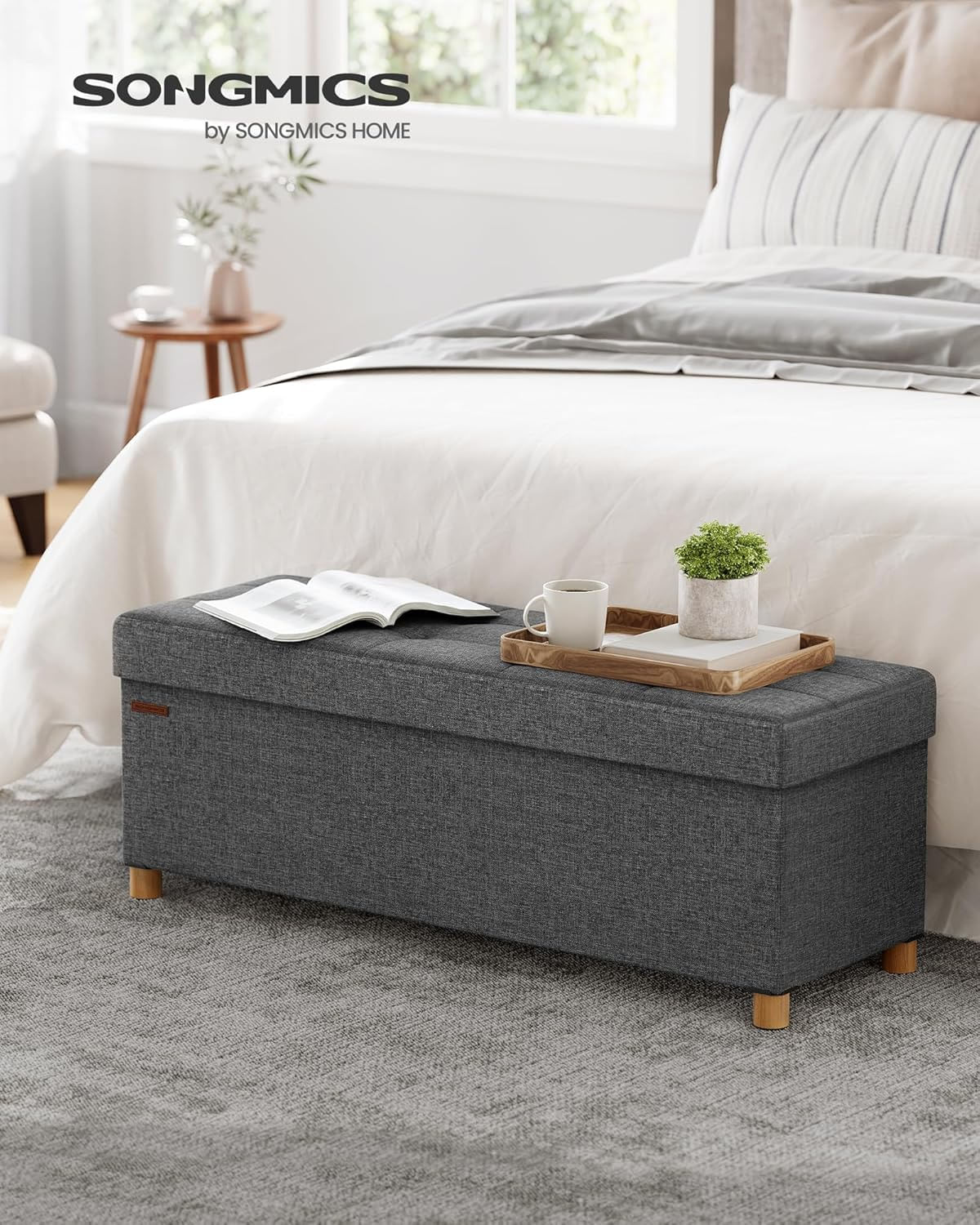 Bancuta depozitare pliabila cu picioare din lemn, 112 litri, textil, 110x38x40 cm, gri