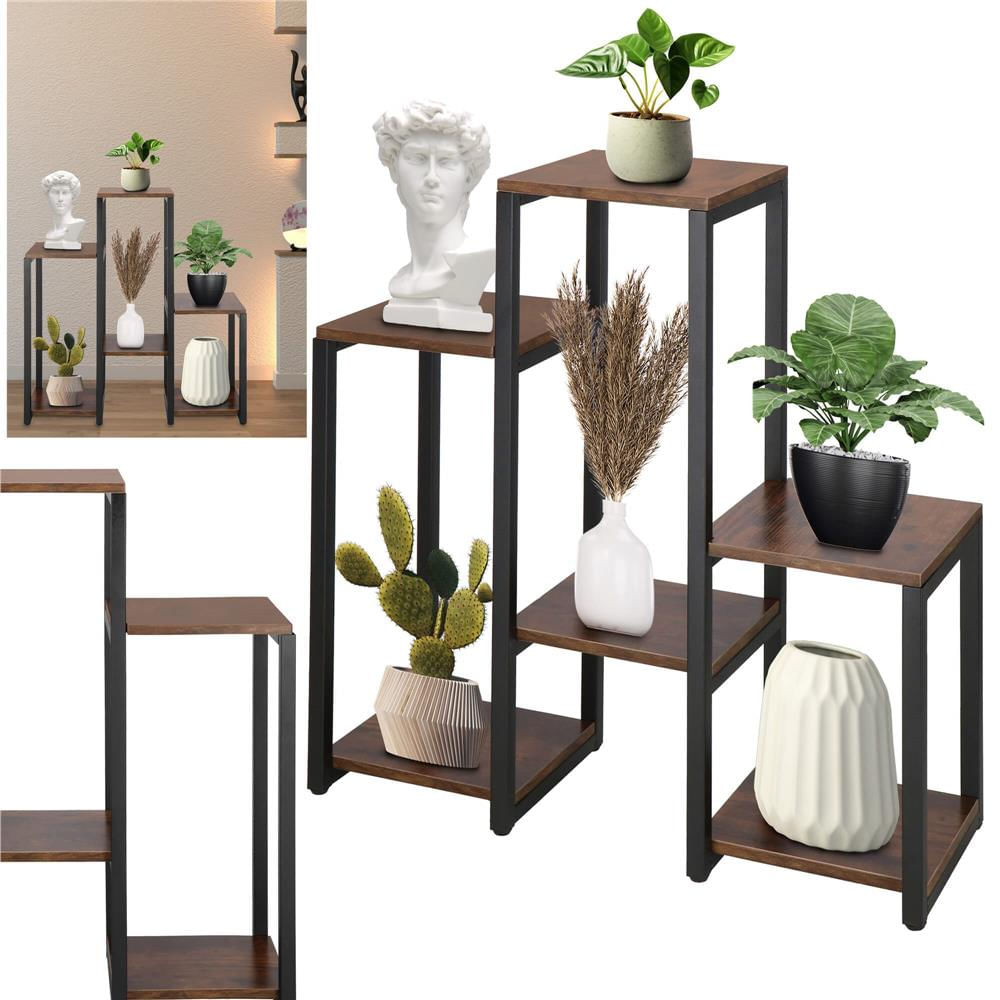 Suport pentru flori, 79x69x24 cm, negru/maro inchis – 6 rafturi, cadru metalic, design modern — imaginea 5