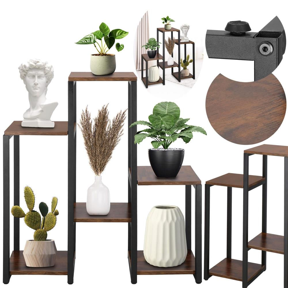 Suport pentru flori, 79x69x24 cm, negru/maro inchis – 6 rafturi, cadru metalic, design modern — imaginea 6