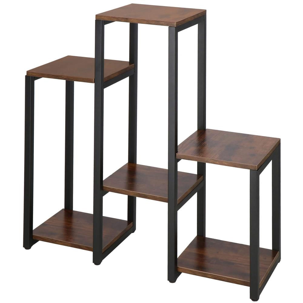 Suport pentru flori, 79x69x24 cm, negru/maro inchis – 6 rafturi, cadru metalic, design modern — imaginea 10