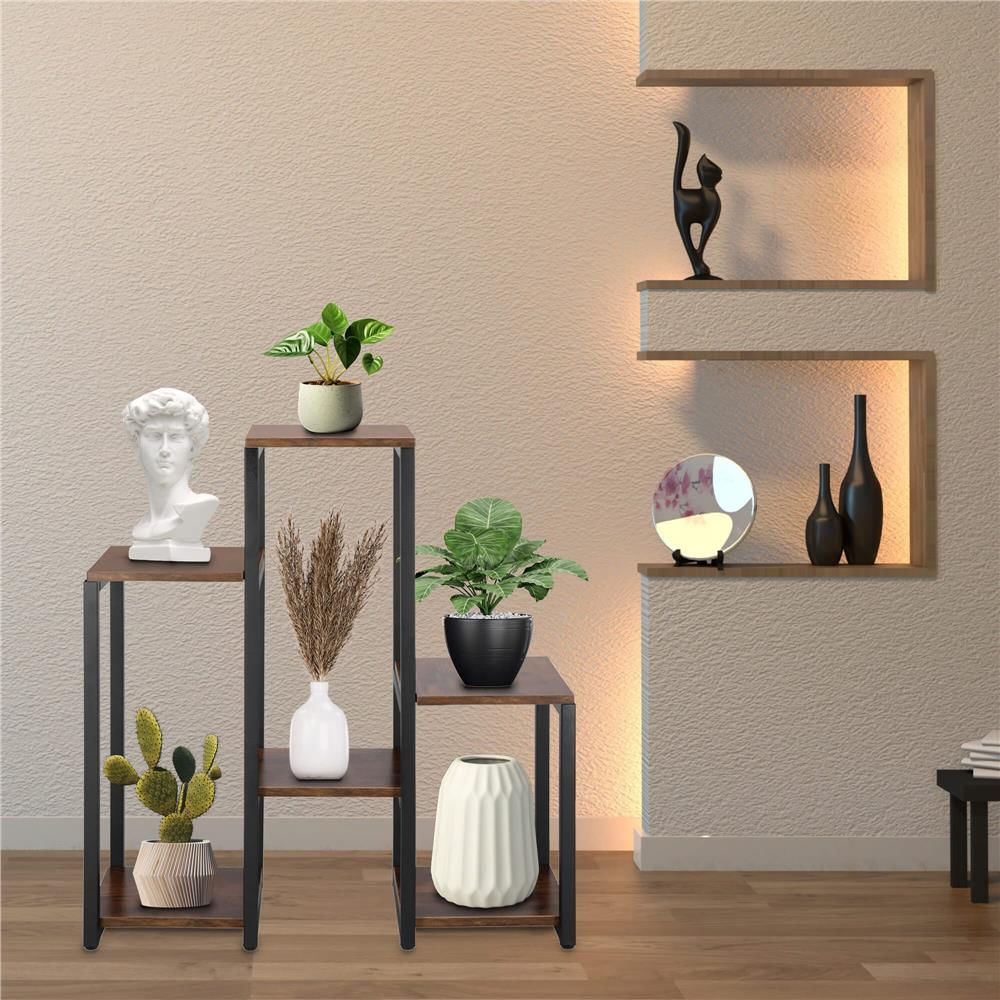 Suport pentru flori, 79x69x24 cm, negru/maro inchis – 6 rafturi, cadru metalic, design modern — imaginea 12
