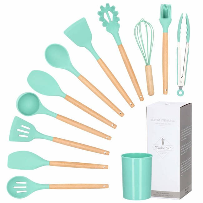 Set Sersimo 12 ustensile de bucatarie din silicon termorezistent si maner din bambus, verde — imaginea 5