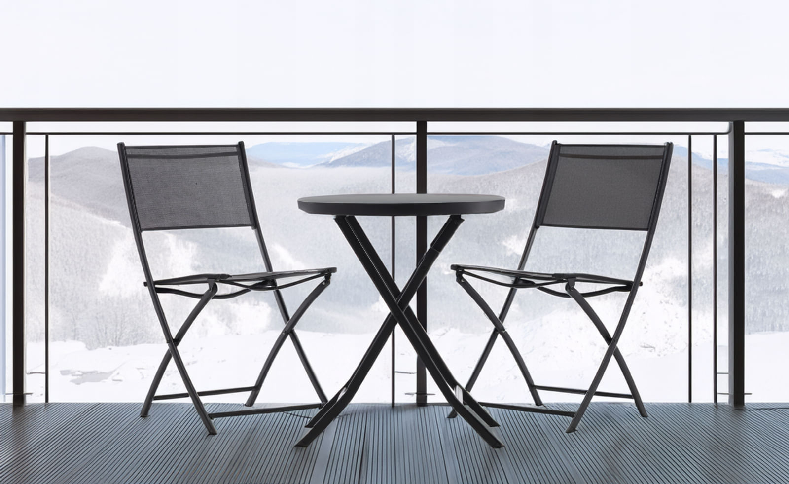 Set mobilier balcon pliabil cu masa sticla si 2 scaune, structura metalica, 60x70 cm, negru — imaginea 5