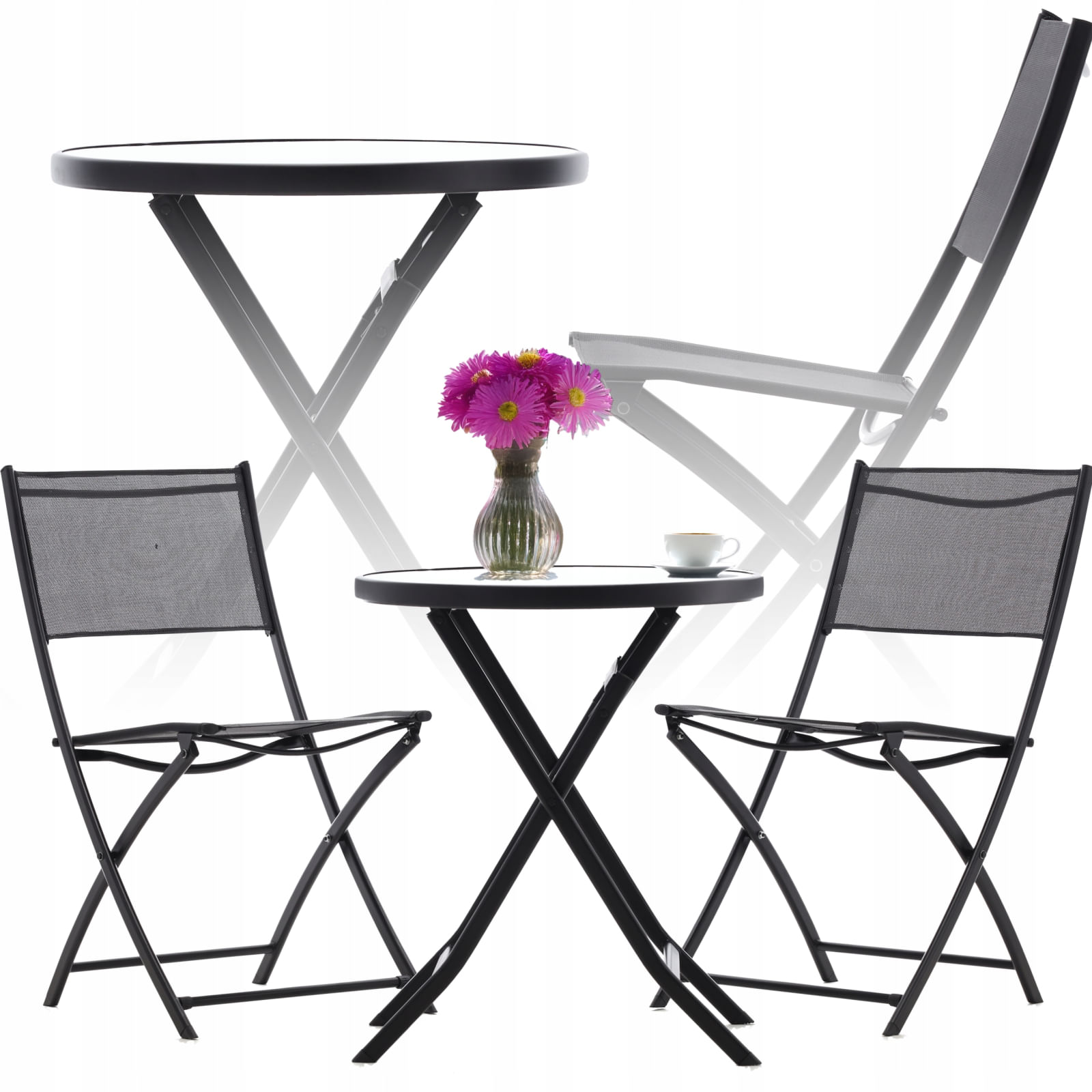 Set mobilier balcon pliabil cu masa sticla si 2 scaune, structura metalica, 60x70 cm, negru — imaginea 6