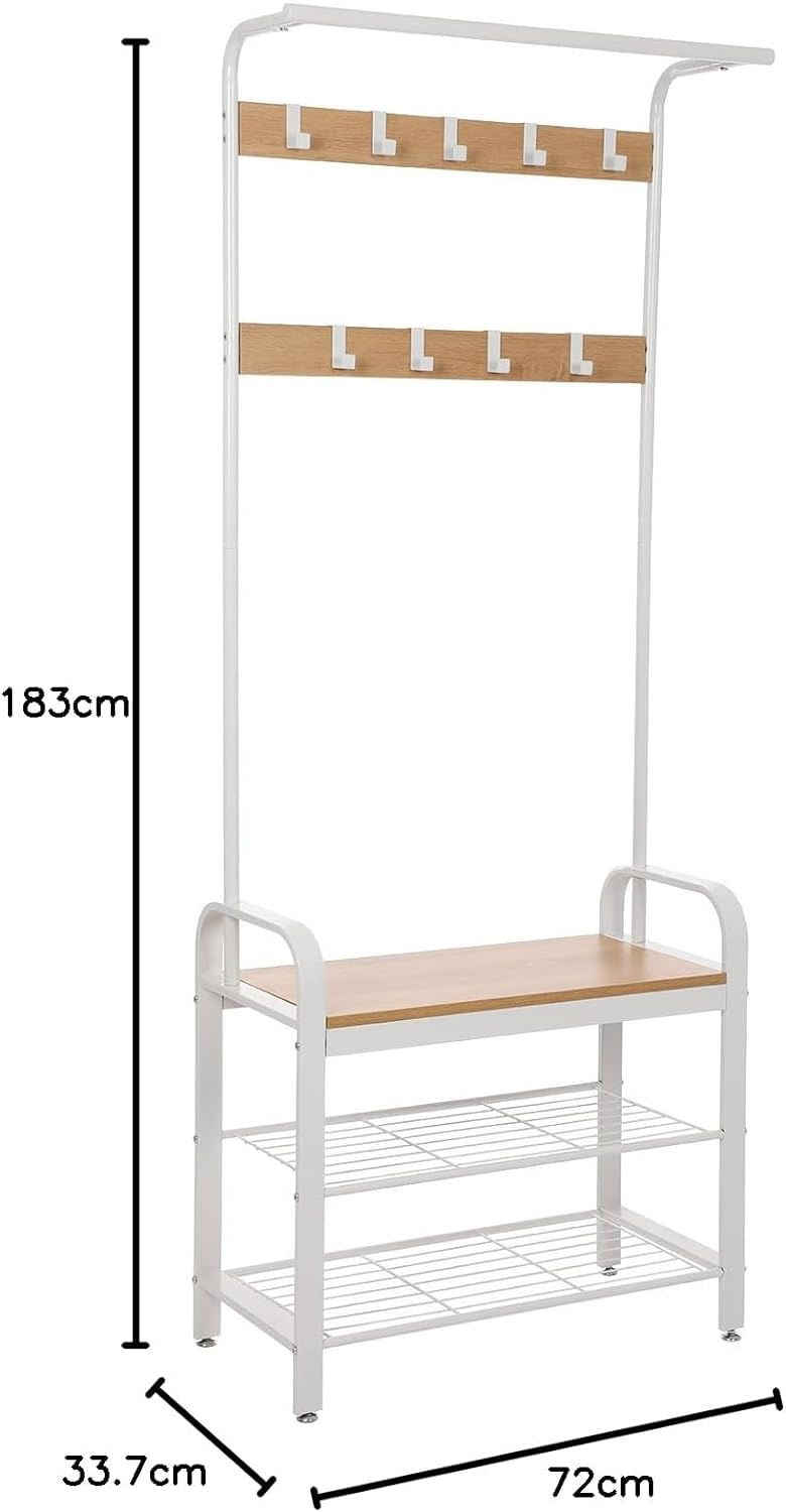 Cuier pentru haine cu banca de depozitare a pantofilor, cu 9 carlige detasabile, o sina pentru haine, 34x72x183 cm — imaginea 3