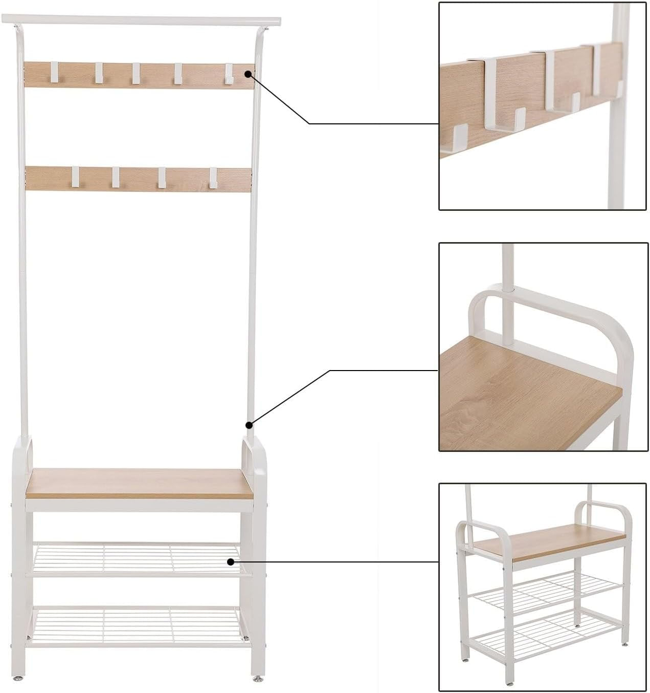 Cuier pentru haine cu banca de depozitare a pantofilor, cu 9 carlige detasabile, o sina pentru haine, 34x72x183 cm — imaginea 6