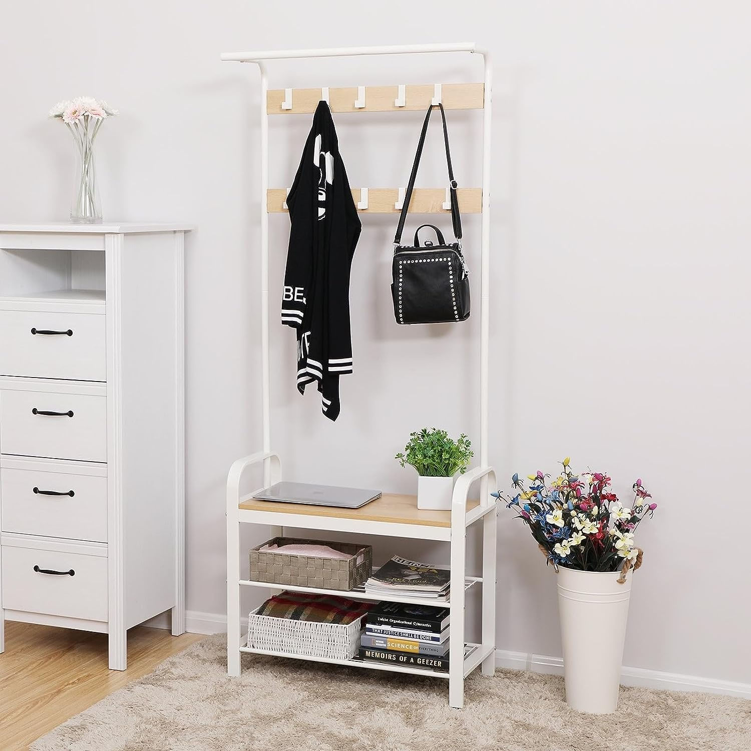 Cuier pentru haine cu banca de depozitare a pantofilor, cu 9 carlige detasabile, o sina pentru haine, 34x72x183 cm — imaginea 7