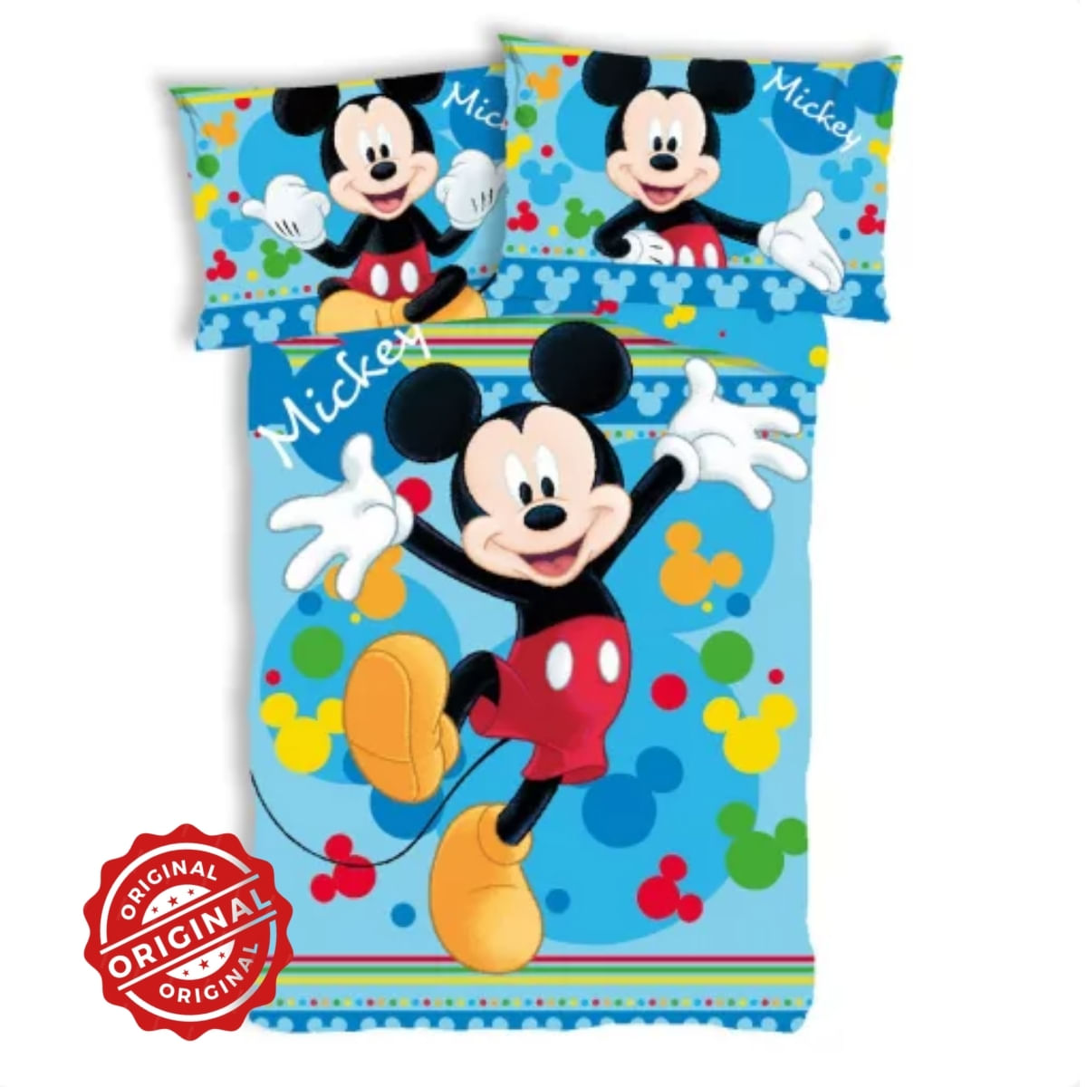 Lenjerie de pat copii, Mikey Mouse Joyful, Husă de pilotă 100×135 cm + Față de pernă 40×60 cm, 100% bumbac, Set licențiat DISNEY®