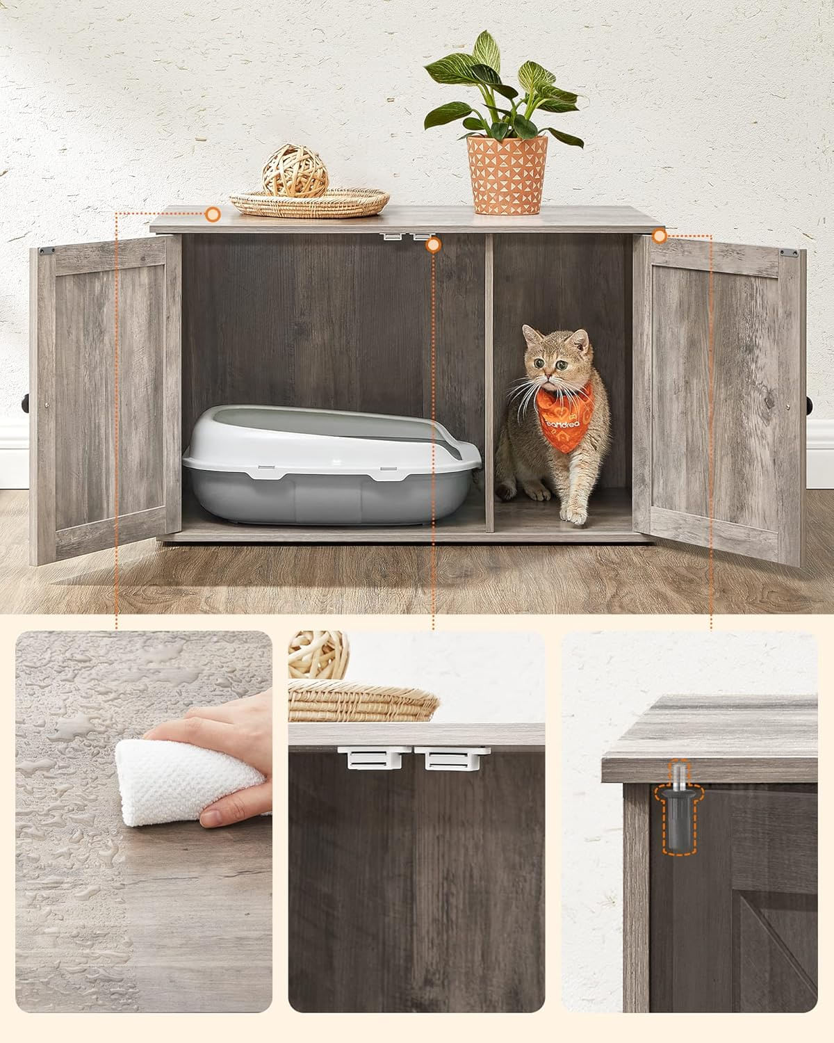 FEANDREA Cusca pentru pisici tip comoda, cu usi si perete despartitor, 80x53x50cm, gri — imaginea 6