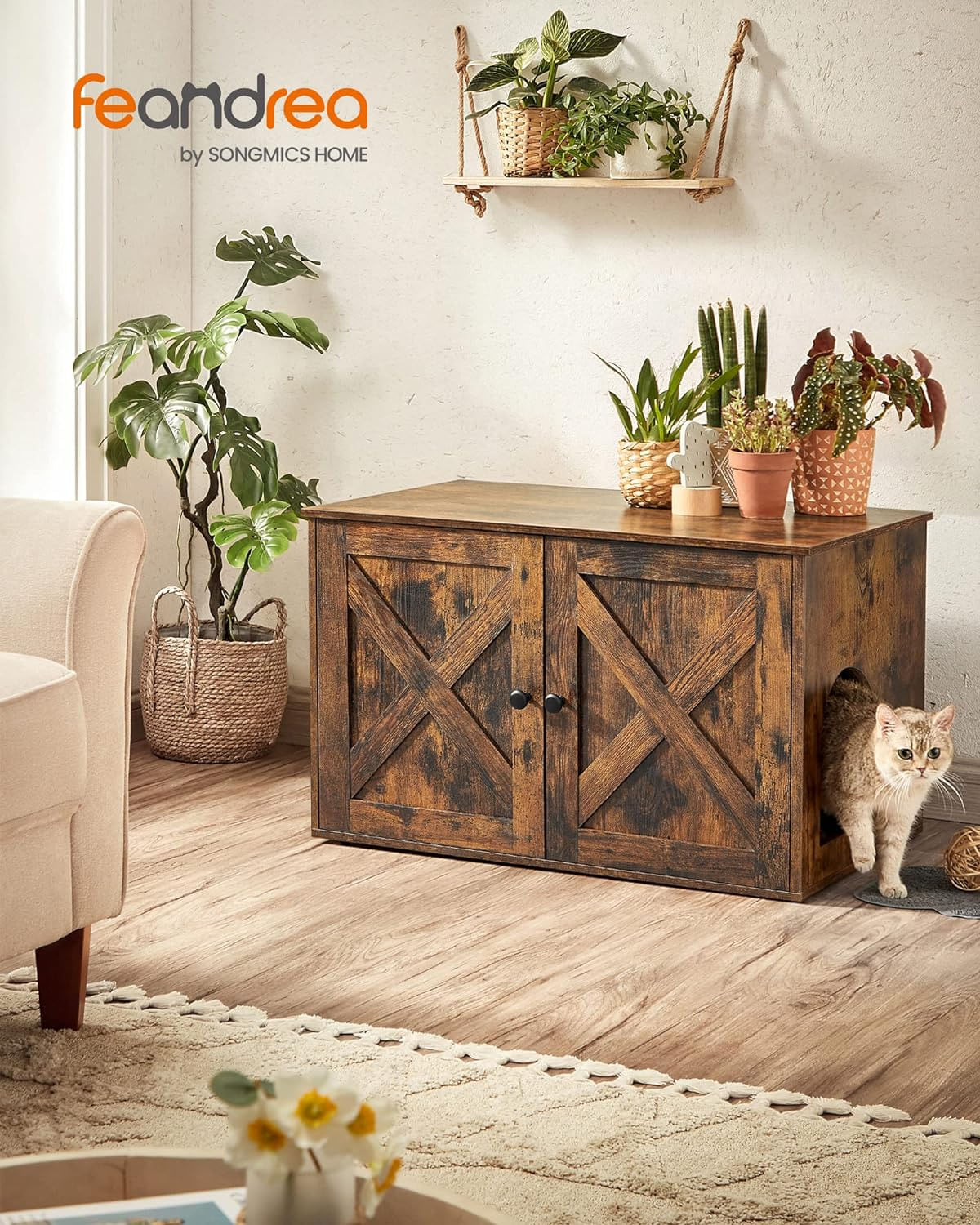 FEANDREA Cusca pentru pisici tip comoda, cu usi si perete despartitor, 80x53x50cm, maro — imaginea 6