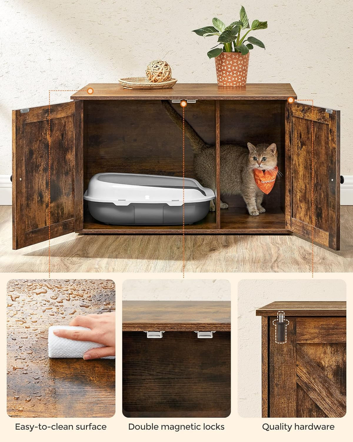 FEANDREA Cusca pentru pisici tip comoda, cu usi si perete despartitor, 80x53x50cm, maro — imaginea 7