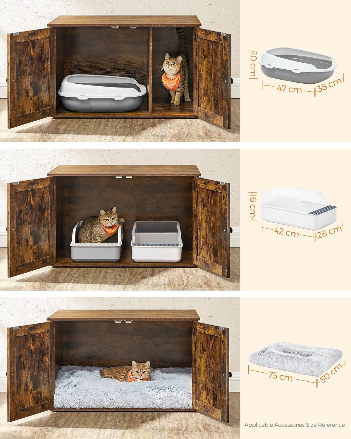 FEANDREA Cusca pentru pisici tip comoda, cu usi si perete despartitor, 80x53x50cm, maro — imaginea 8