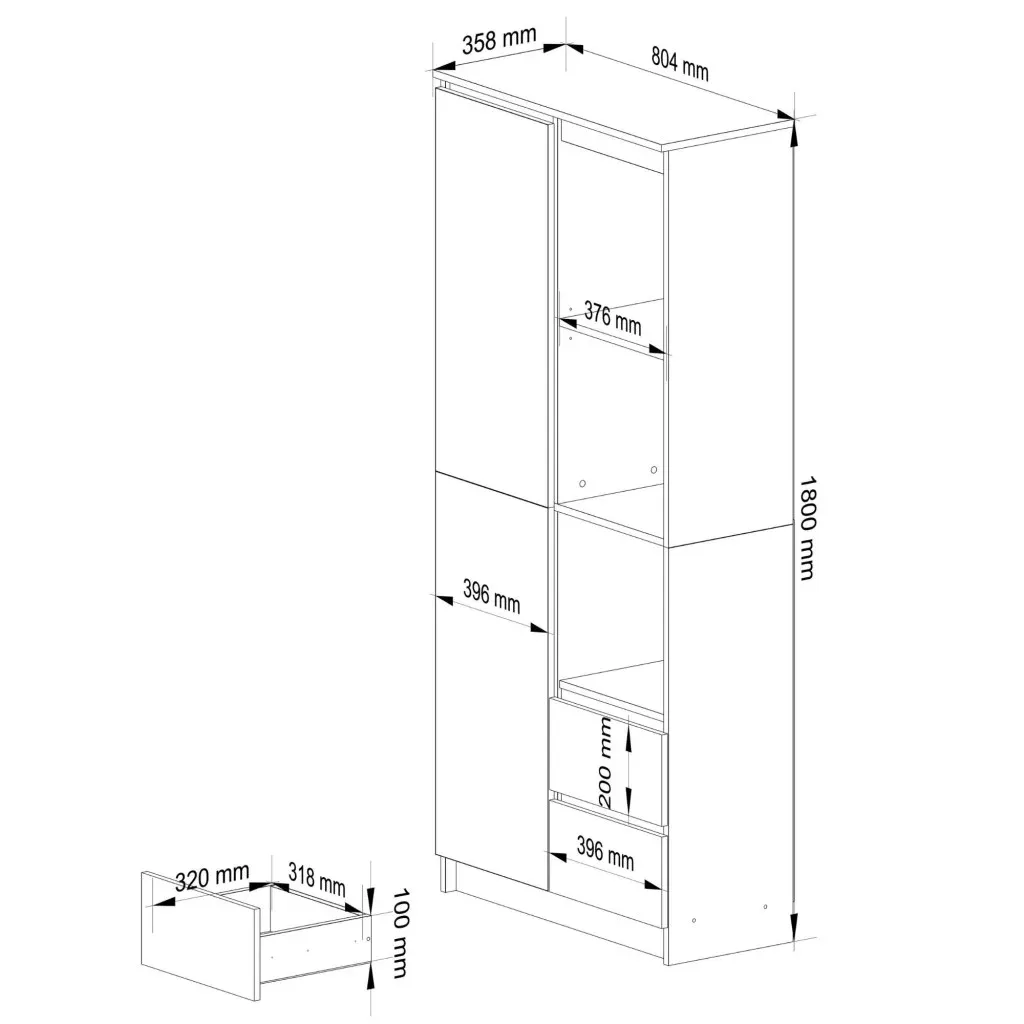 Dulap cu usa, 2 sertare si 7 rafturi, PAL laminat 16 mm, 80x35x180 cm, alb si gri