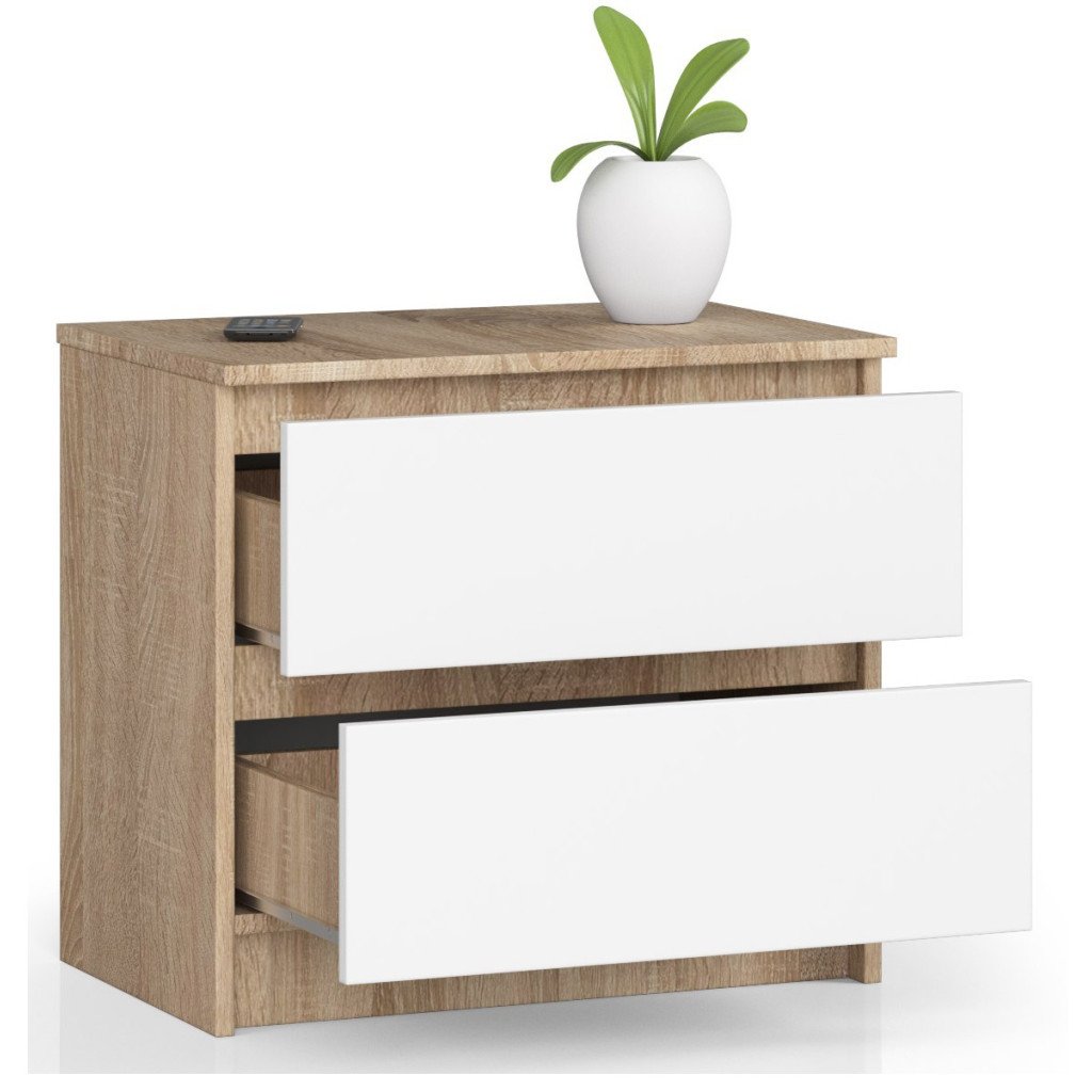 Comoda cu 2 sertare din PAL laminat 16 mm, 60x40x55 cm, stejar sonoma si alb — imaginea 3