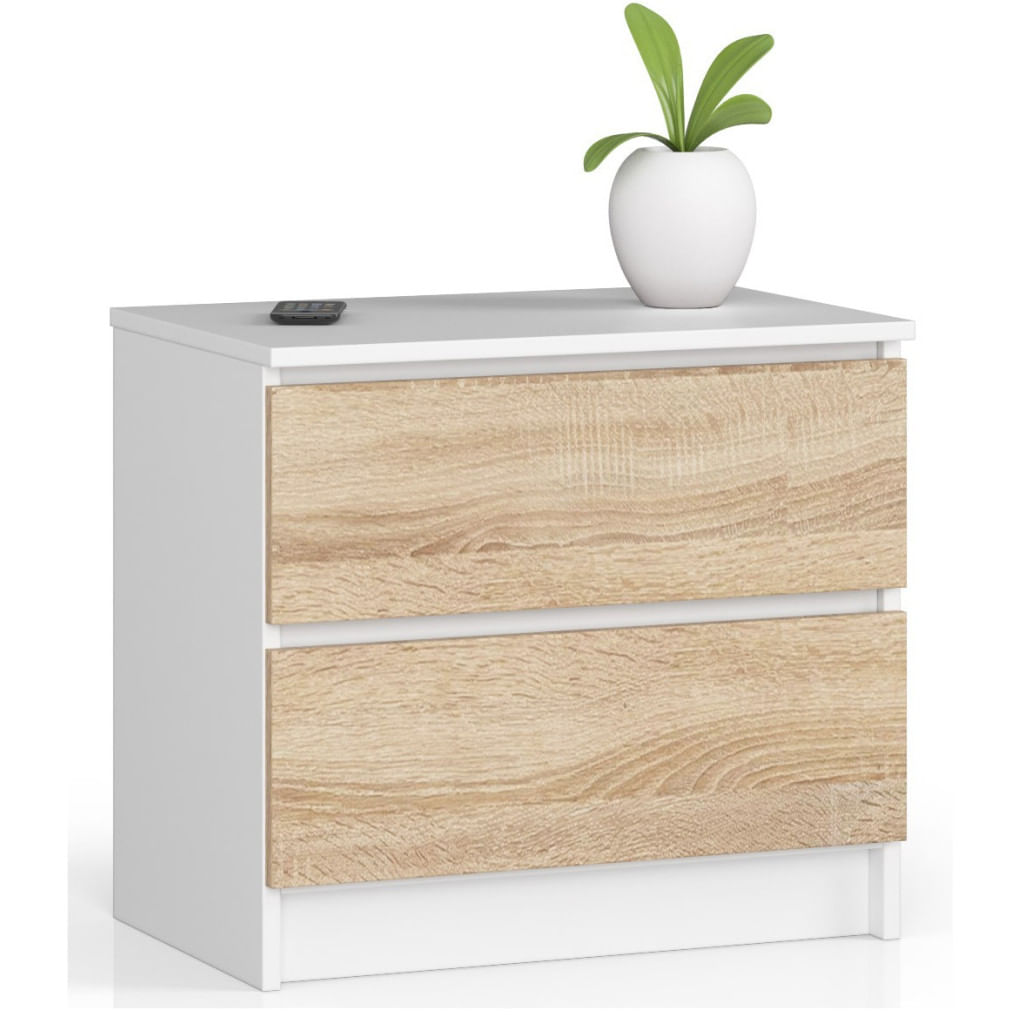Comoda cu 2 sertare din PAL laminat 16 mm, 60x40x55 cm, alb si stejar sonoma — imaginea 2