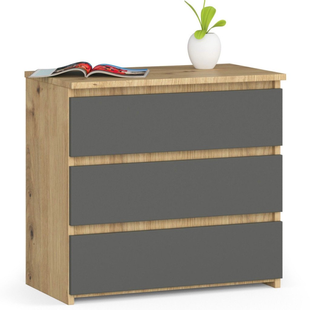 Comoda cu 3 sertare, PAL laminat 16 mm, 60x35x57 cm, stejar artisan si gri — imaginea 2