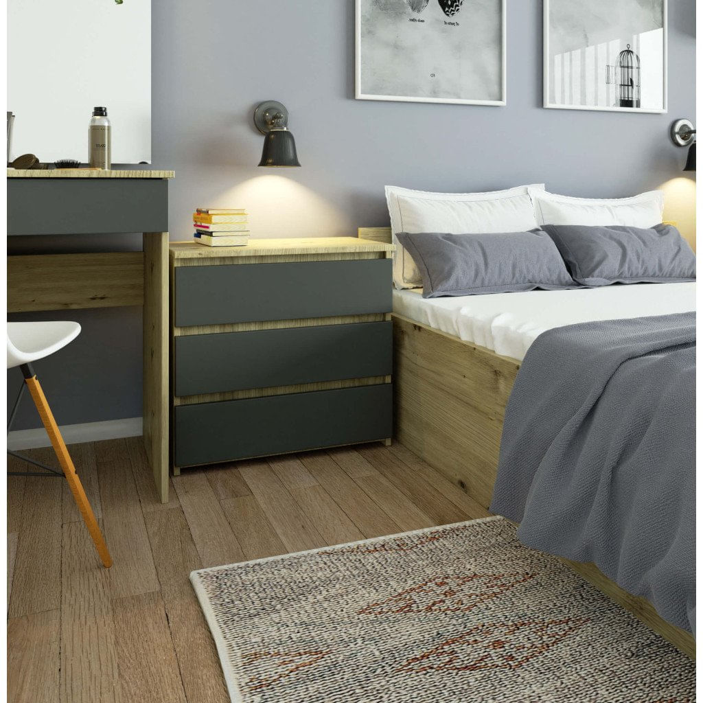 Comoda cu 3 sertare, PAL laminat 16 mm, 60x35x57 cm, stejar artisan si gri — imaginea 3