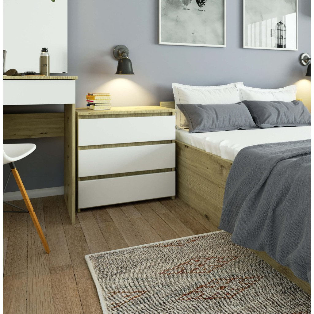 Comoda cu 3 sertare, PAL laminat 16 mm, 60x35x57 cm, stejar artisan si alb — imaginea 5