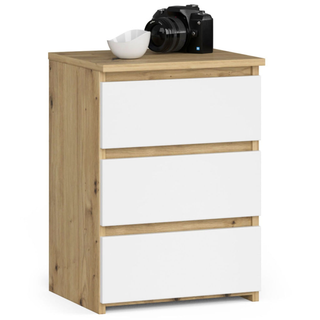 Noptiera cu 3 sertare, PAL laminat 16 mm, 40x35x57 cm, stejar artisan si alb — imaginea 3