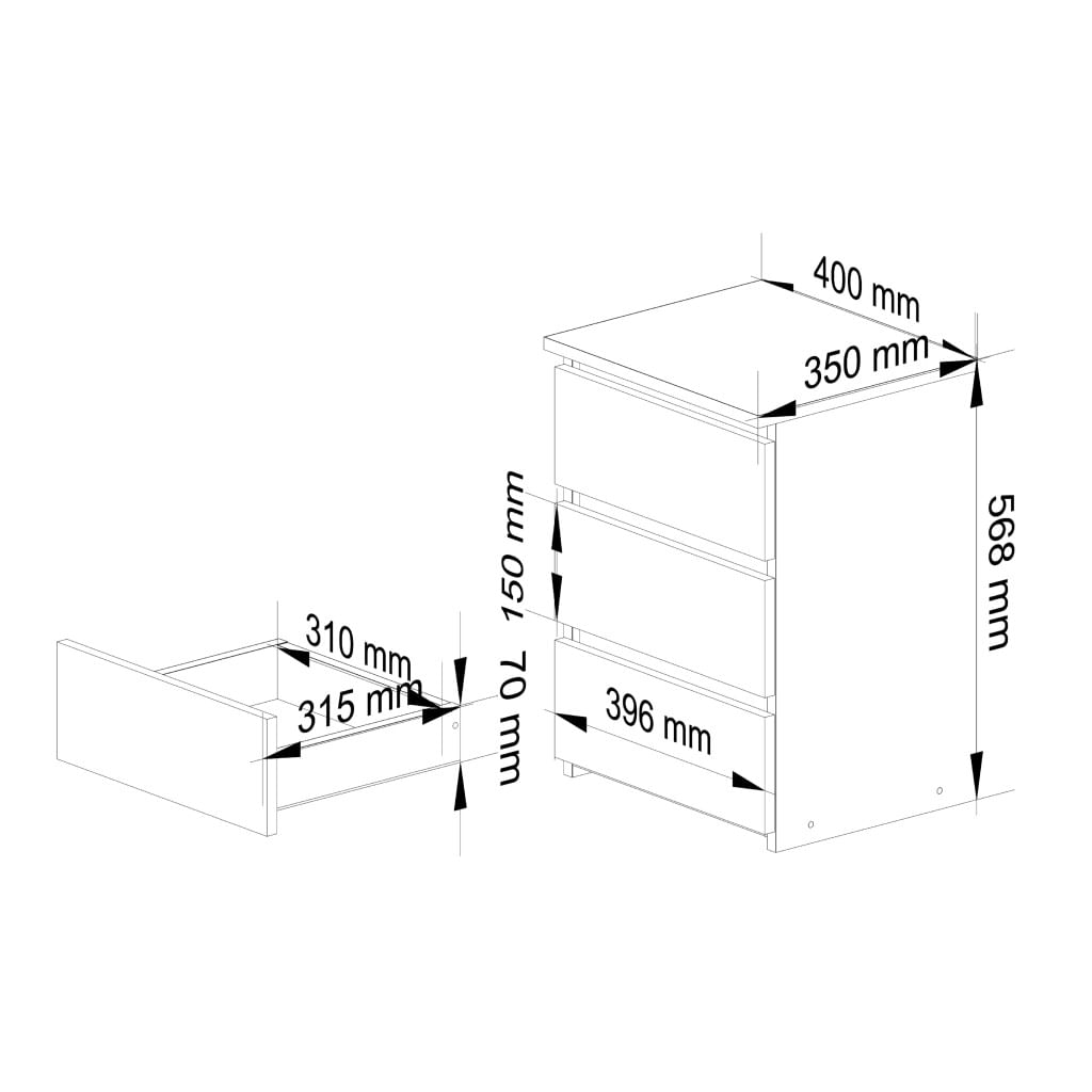 Noptiera cu 3 sertare, PAL laminat 16 mm, 40x35x57 cm, stejar artisan si alb — imaginea 4