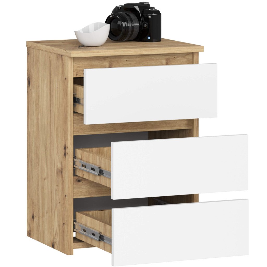 Noptiera cu 3 sertare, PAL laminat 16 mm, 40x35x57 cm, stejar artisan si alb — imaginea 5