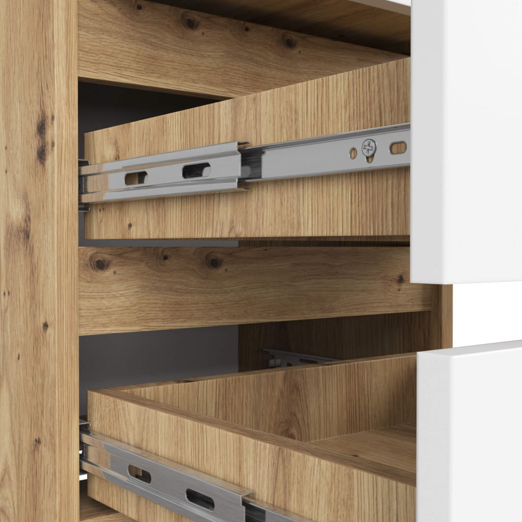 Noptiera cu 3 sertare, PAL laminat 16 mm, 40x35x57 cm, stejar artisan si alb — imaginea 6