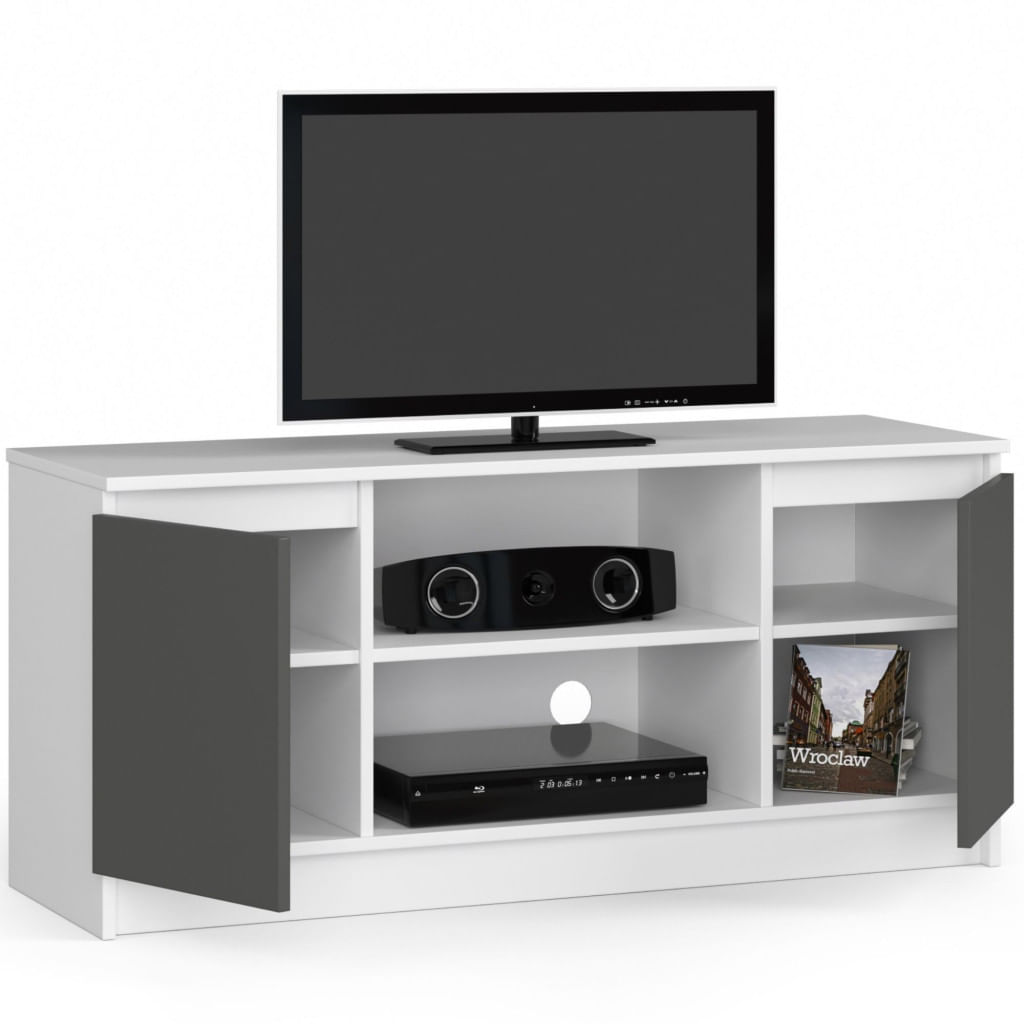 Comoda TV cu 2 usi si o polita, PAL laminat 16 mm, 120x40x55 cm, alb si gri — imaginea 4