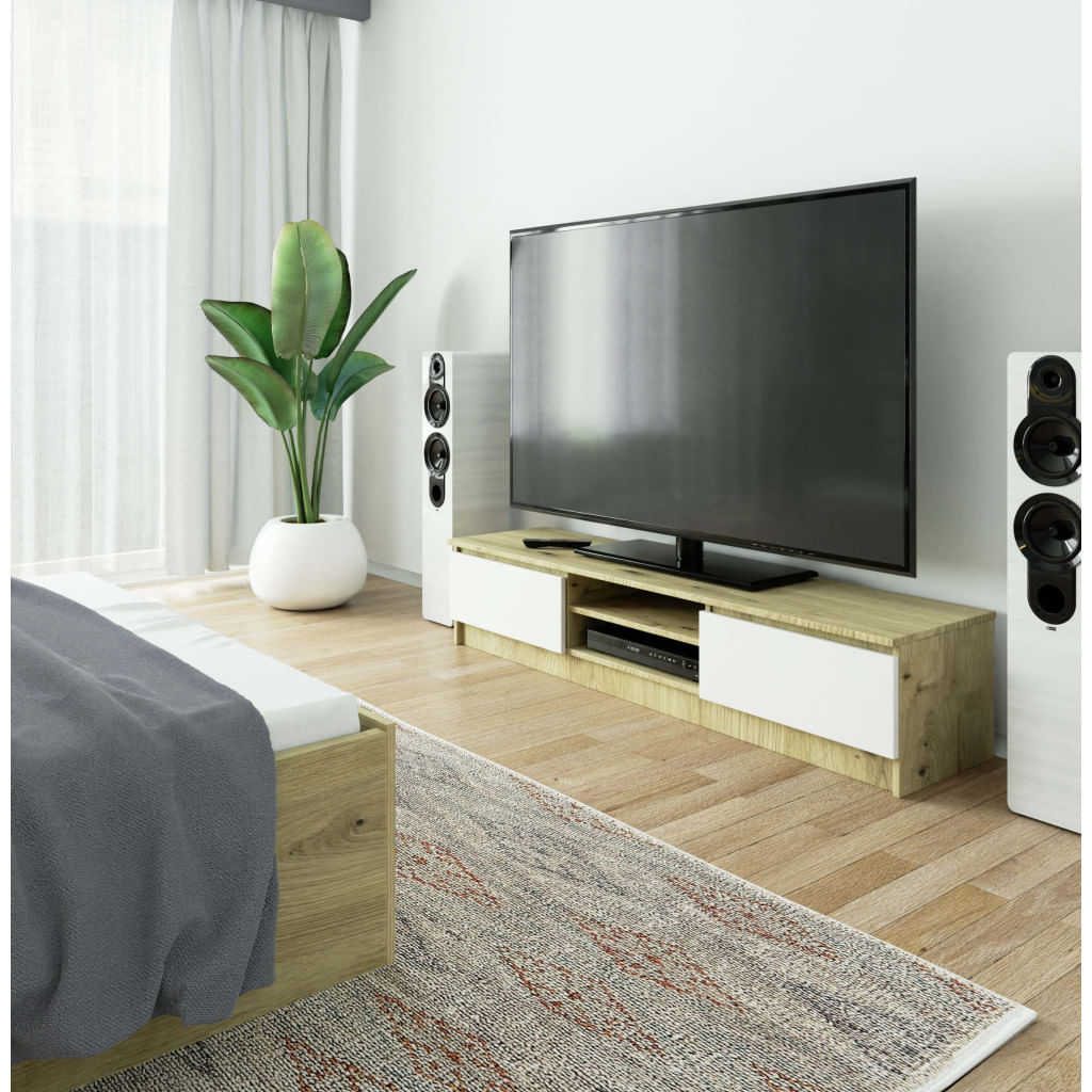 Comoda TV cu 2 usi si rafturi centrale, PAL laminat, 160x40x33 cm, stejar artisan si alb — imaginea 2