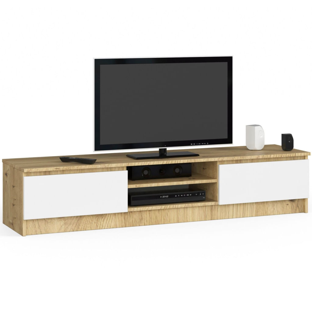 Comoda TV cu 2 usi si rafturi centrale, PAL laminat, 160x40x33 cm, stejar artisan si alb — imaginea 4