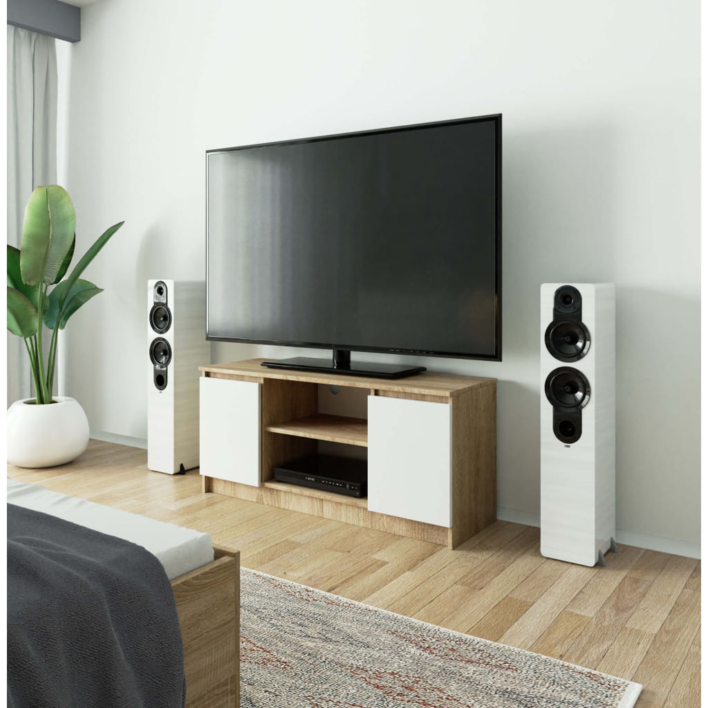 Comoda TV cu 2 usi si o polita, PAL laminat 16 mm, 120x40x55 cm, stejar sonoma si alb — imaginea 3