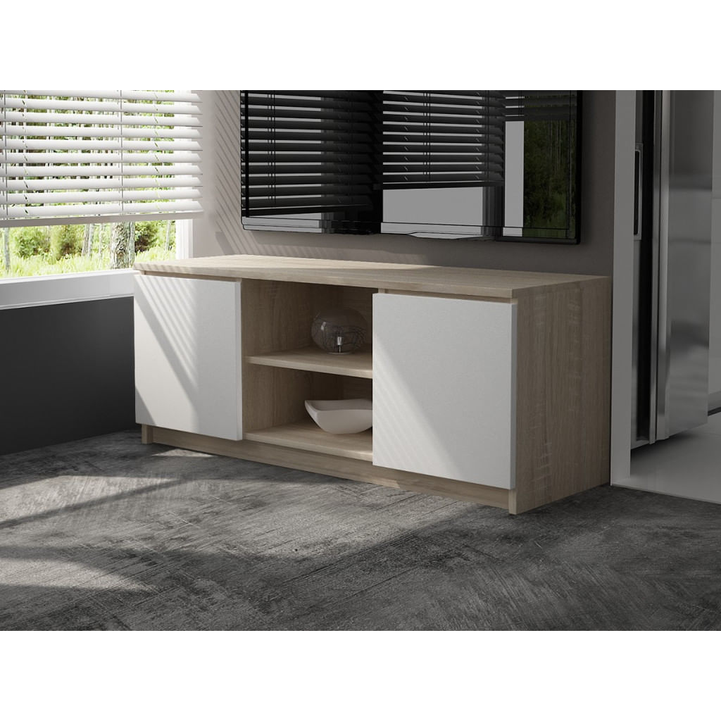 Comoda TV cu 2 usi si o polita, PAL laminat 16 mm, 120x40x55 cm, stejar sonoma si alb — imaginea 7