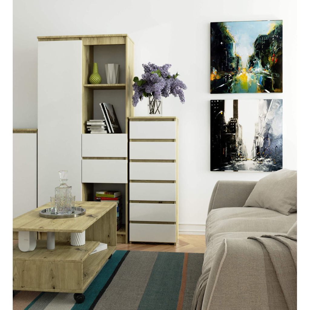 Comoda cu 6 sertare, PAL laminat 16 mm, 40x35x109 cm, stejar artisan si alb — imaginea 2