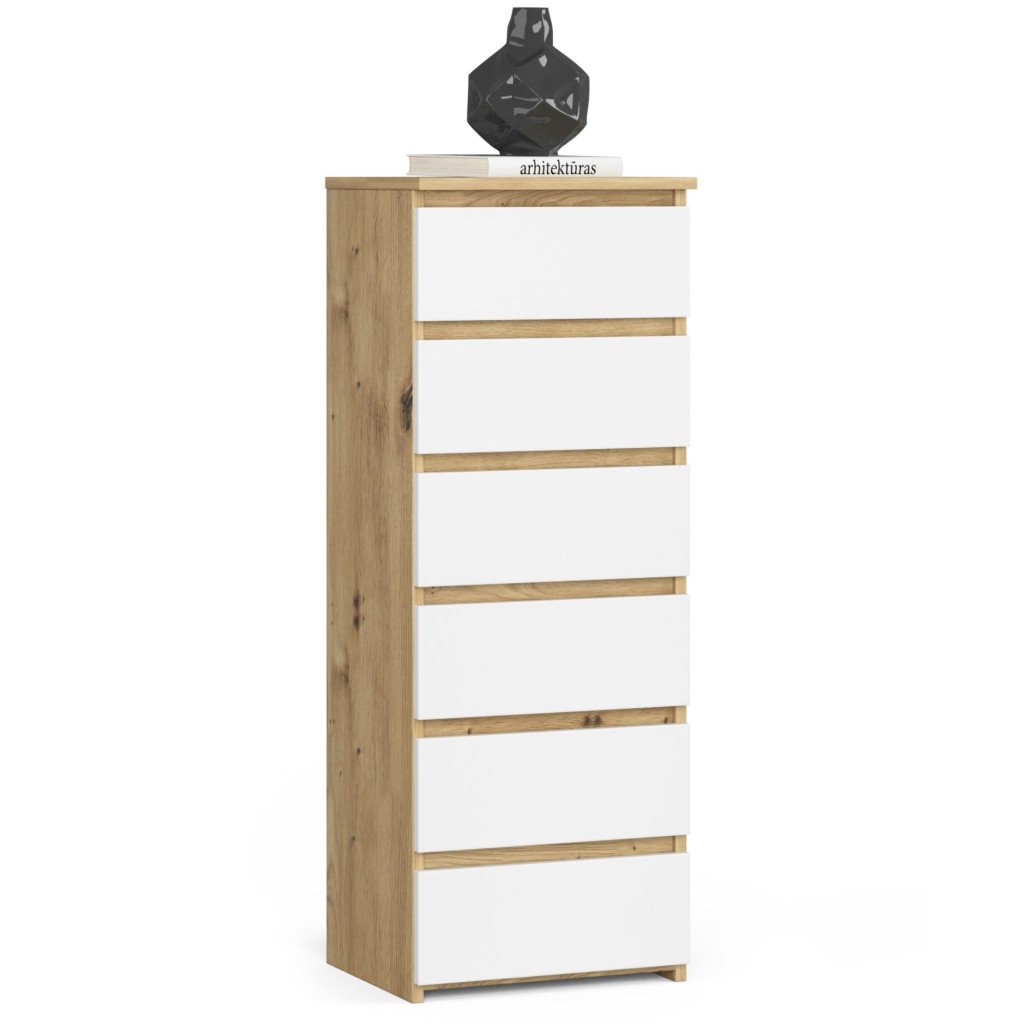 Comoda cu 6 sertare, PAL laminat 16 mm, 40x35x109 cm, stejar artisan si alb — imaginea 5
