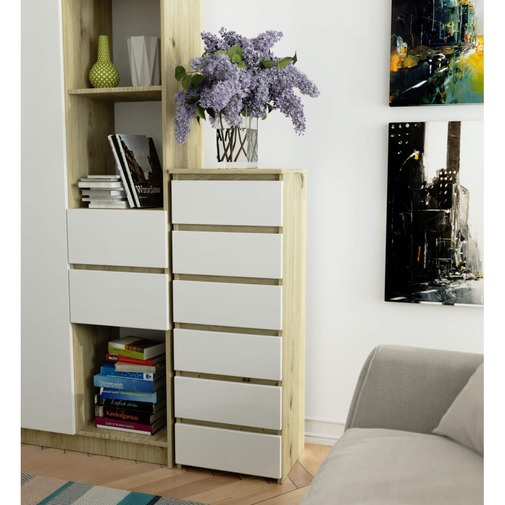 Comoda cu 6 sertare, PAL laminat 16 mm, 40x35x109 cm, stejar artisan si alb — imaginea 6