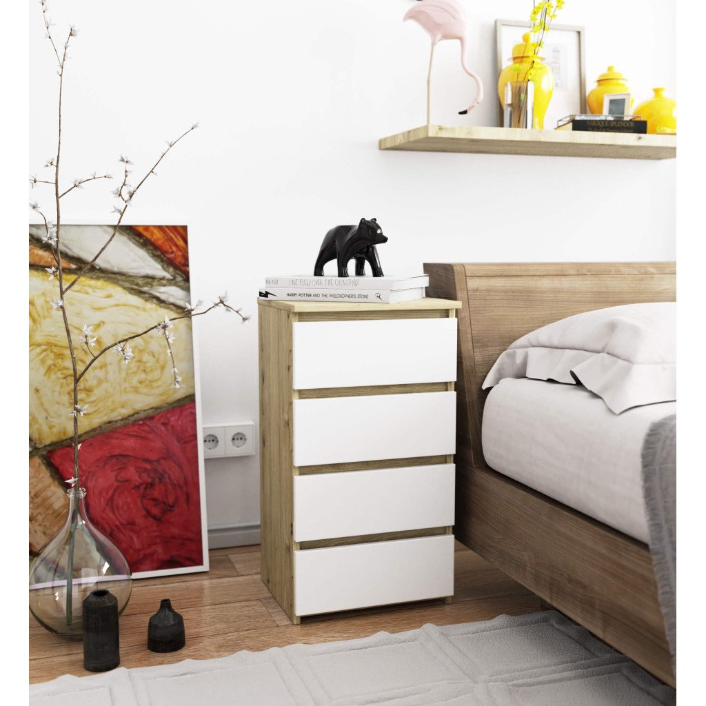 Comoda cu 4 sertare, PAL laminat 16mm, 40x35x74 cm, stejar artisan si alb