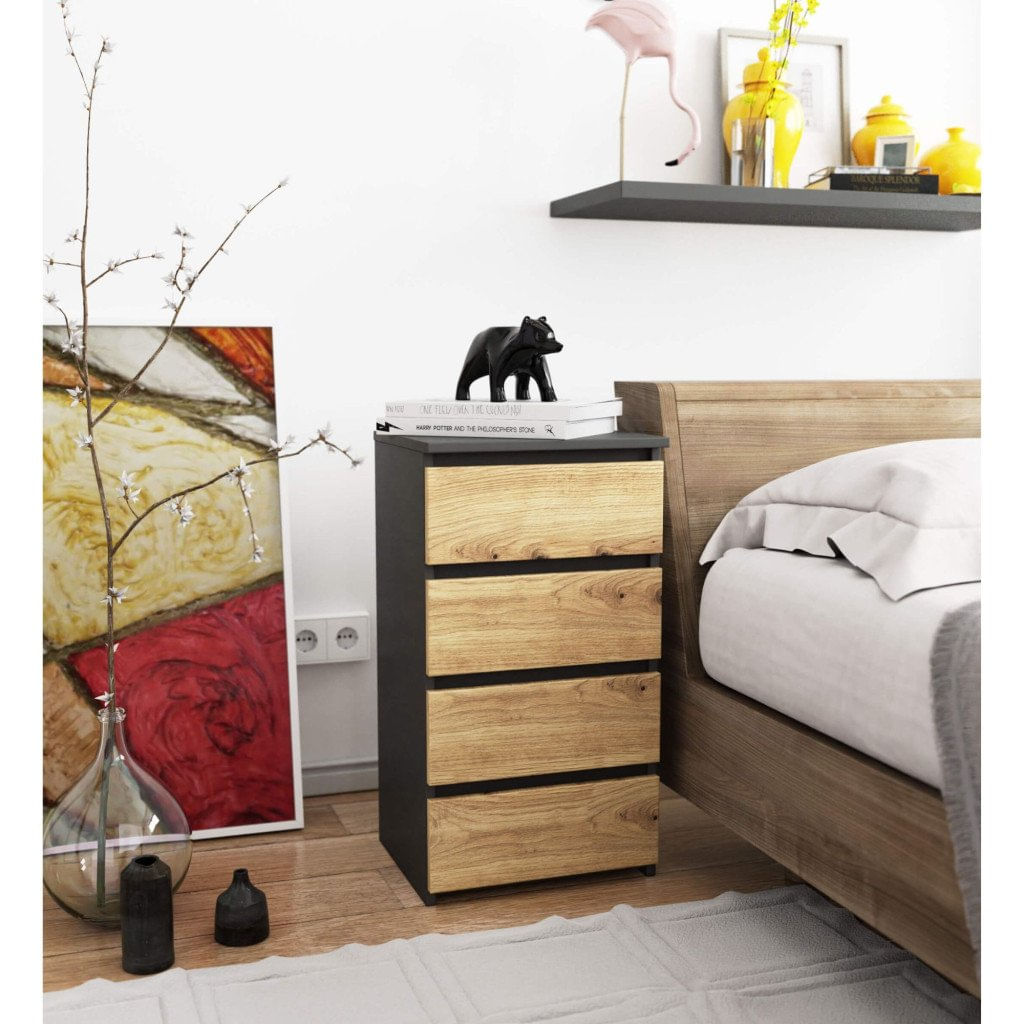 Comoda cu 4 sertare, PAL laminat 16mm, 40x35x74 cm, gri si stejar artisan