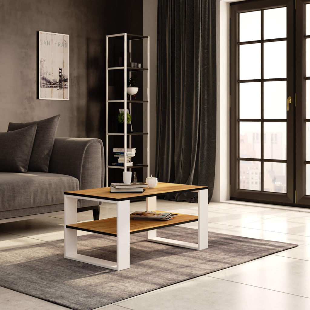 Masuta cafea ALEX cu raft inferior, PAL laminat, 92x53x45 cm, stejar craft si alb — imaginea 2
