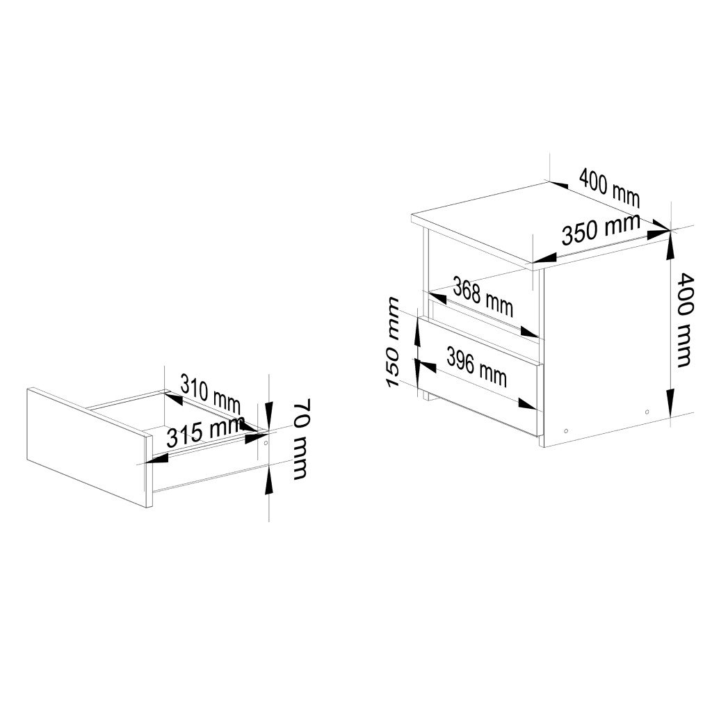 Noptiera cu 1 sertar, PAL laminat 16mm, 40x35x40 cm, alb si stejar sonoma — imaginea 2