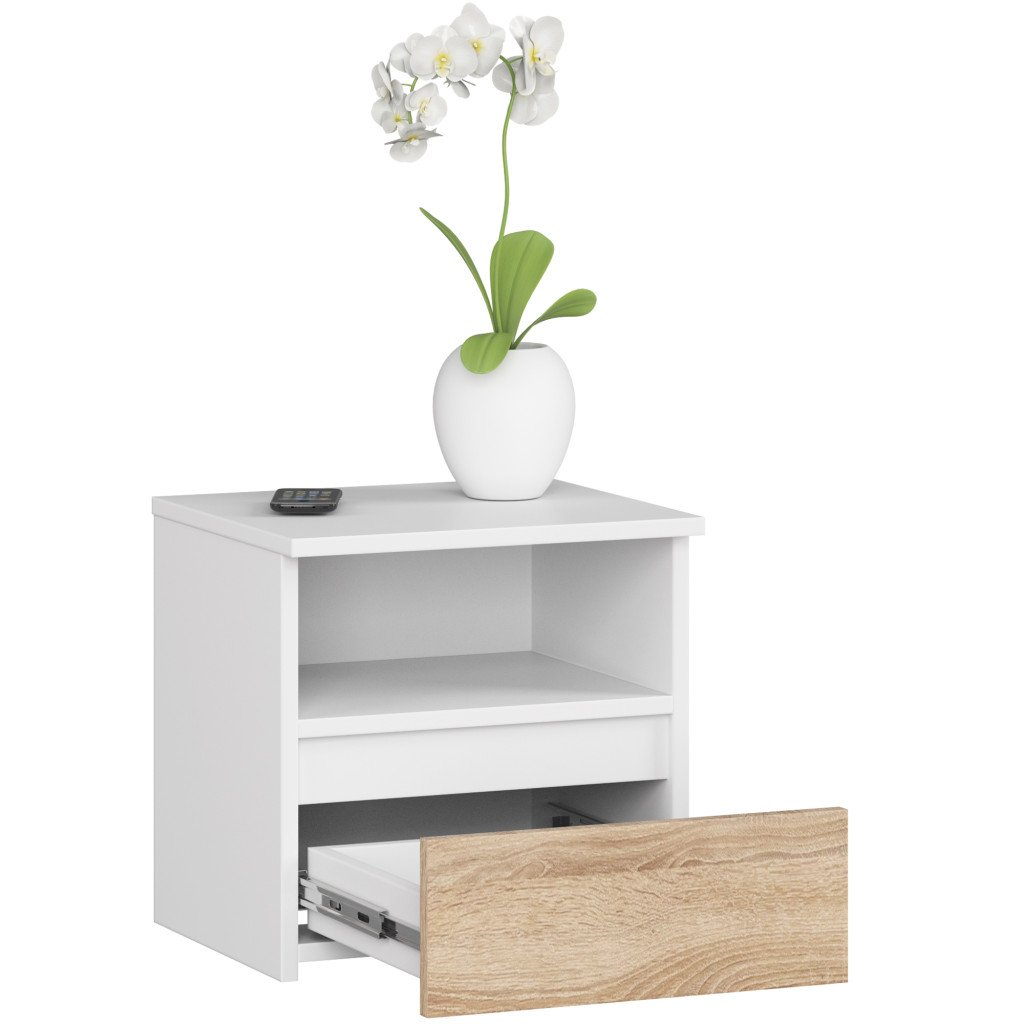 Noptiera cu 1 sertar, PAL laminat 16mm, 40x35x40 cm, alb si stejar sonoma — imaginea 3