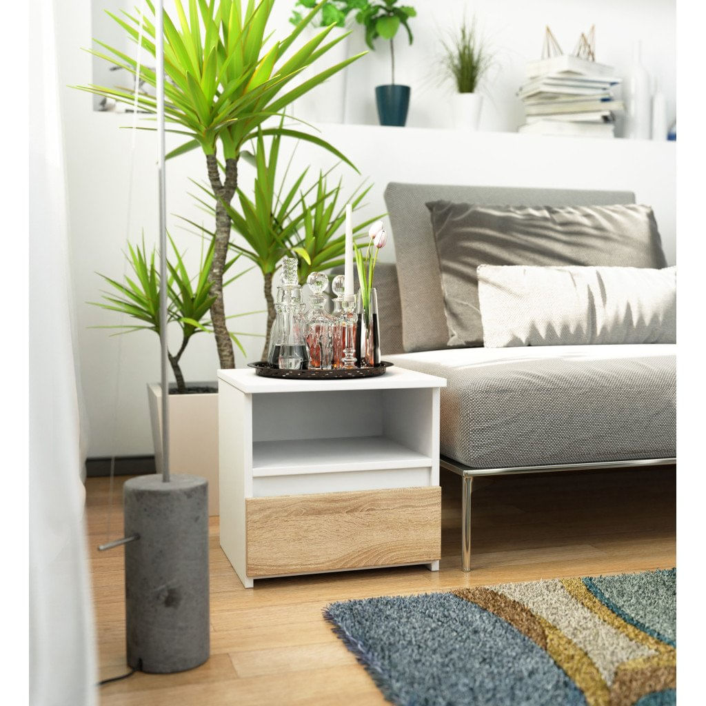 Noptiera cu 1 sertar, PAL laminat 16mm, 40x35x40 cm, alb si stejar sonoma — imaginea 6