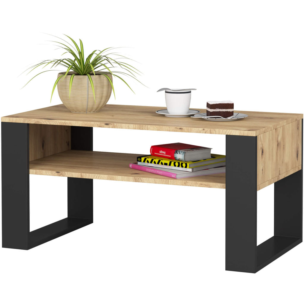 Masuta de cafea Domi cu raft inferior, blat laminat, 92x50x45 cm, stejar artisan si negru — imaginea 2