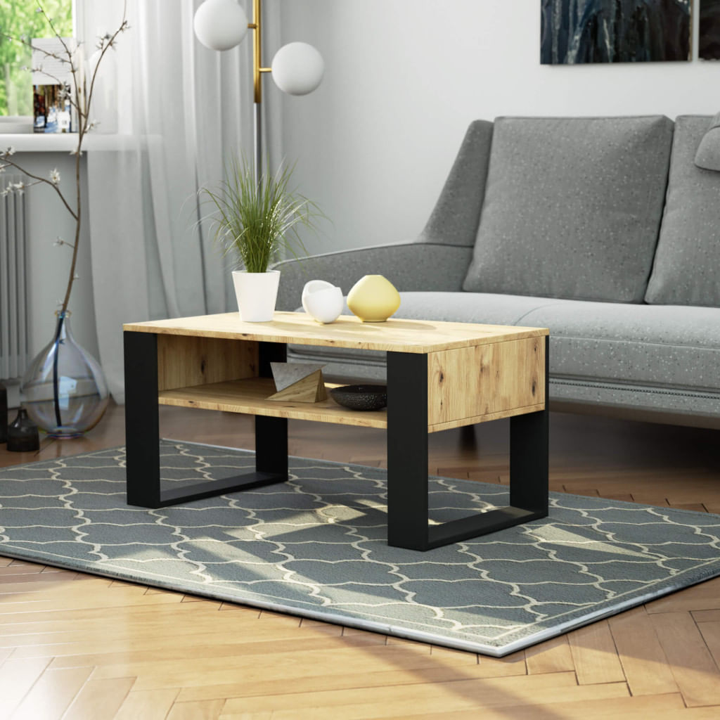 Masuta de cafea Domi cu raft inferior, blat laminat, 92x50x45 cm, stejar artisan si negru — imaginea 5